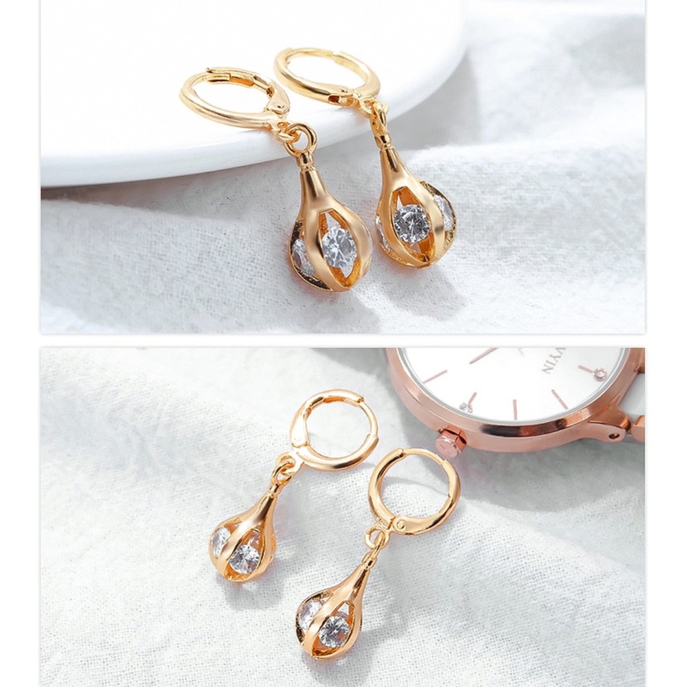 Gold Openwork Water-drop Shaped Huggie Hoops w/CZs - Picture 6 of 8